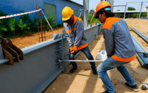 Thao tác siết bu lông cường độ cao 8.8 tại vị trí liên kết mặt bích cột thép công nghiệp.